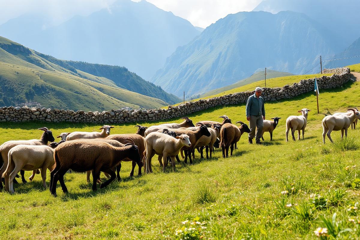 Shepherd with flock on a communal mountain pasture