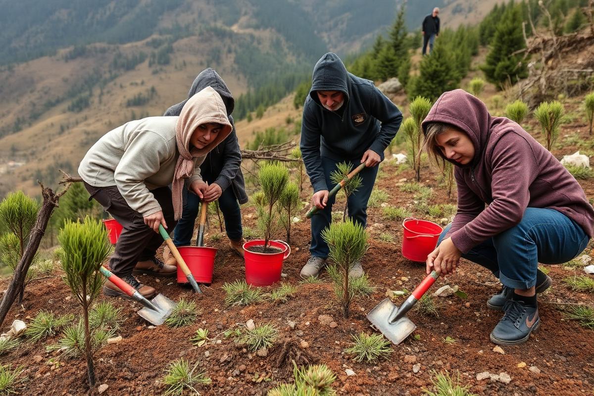 Volunteers planting pine seedlings on an Albanian hillside
